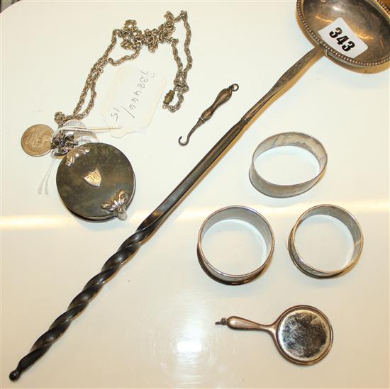 Horn & silver spy glass on chain, 3 napkin rings & Punch ladle etc